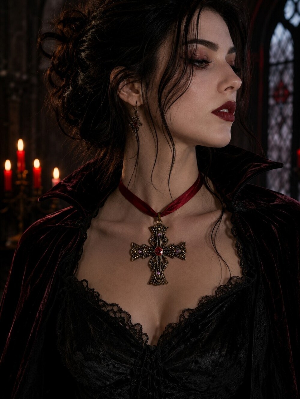 NWT Dark Side Gothic Goth Necklace Choker Brass Tone Cross Vampire Halloween New